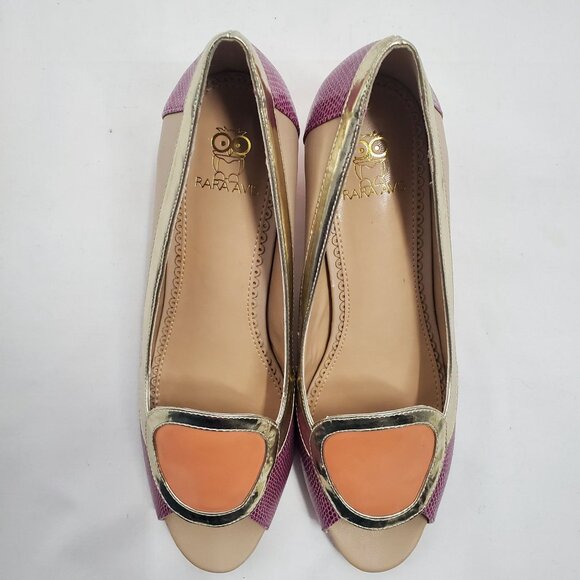 Rara Avis Women's Tan Purple Orange Block Heel Peep Toe Pumps Size 7 M - Picture 11 of 11